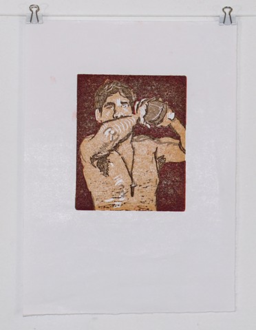 Jesse with Football Reductive Linocut Relief Print Masa Paper 2013 Red by Catherine Cole. Brown, orange, yellow, football, male, male nude, shirtless male, shirtless man, cross, cross necklace, elbow, toss, throw, pose, brown hair, art, artwork, artist, p