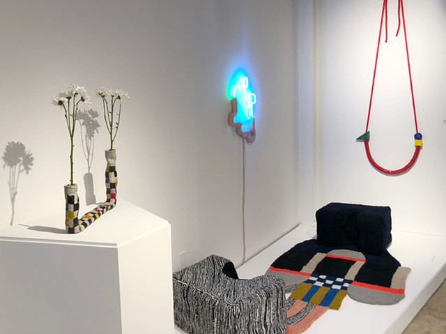 Installation View with Daisy Holder with Grid Vase (L) and After Sottsass Hanging Sculpture (R)