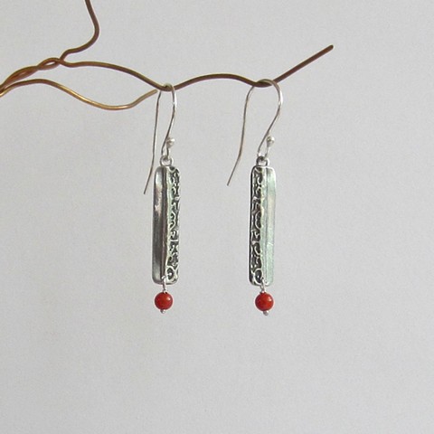 Silver Thin Rectangles with Coral Beads