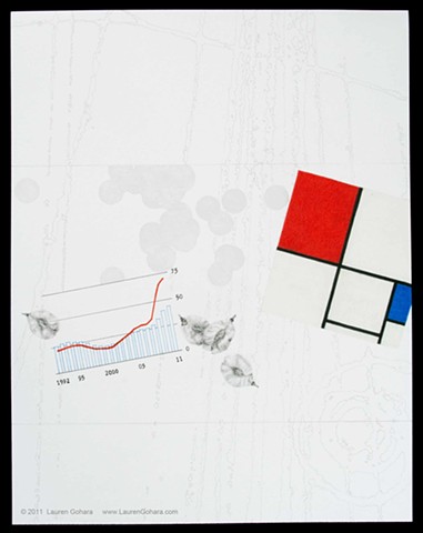 drawing of elm seeds, food stamps, Mondrian, particle physics tracks, and dots by Lauren Gohara