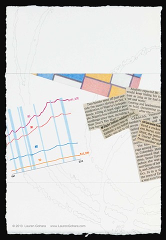 drawing of income stagnation, income inequality, news clippings, political violence, particle physics tracks, and Mondrian, by Lauren Gohara