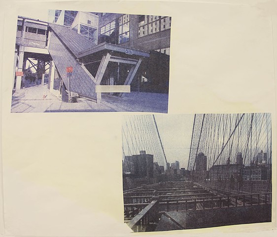 a transfer of two photos onto one sheet of paper, a downtown NYC path station and the Brooklyn Bridge coexist in this artwork by Aubrey D'Agnolo