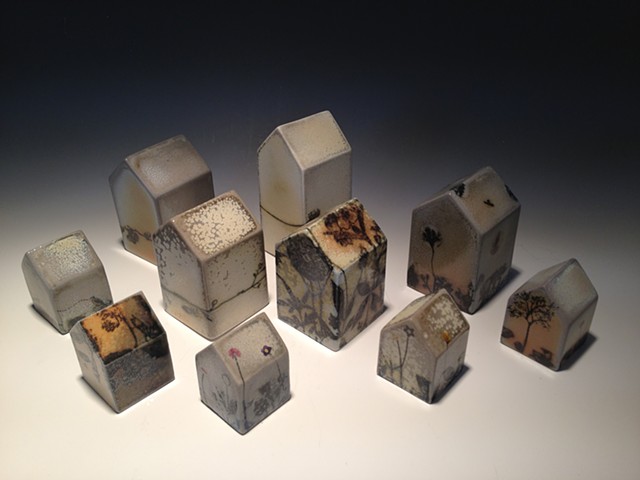 slip cast soda fired porcelain houses with screen print transfers and decals