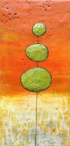 Encaustic painting on wood panel of a whimsical topiary by Virginia Parks