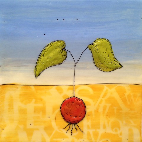 Encaustic painting on wood panel of a sprouting seed, by Virginia Parks