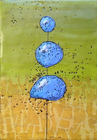 Encaustic painting of a whimsical topiary by Virginia Parks - Blue Topiary #7