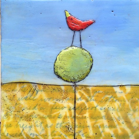 Red Bird Topiary - Encaustic by Virginia Parks