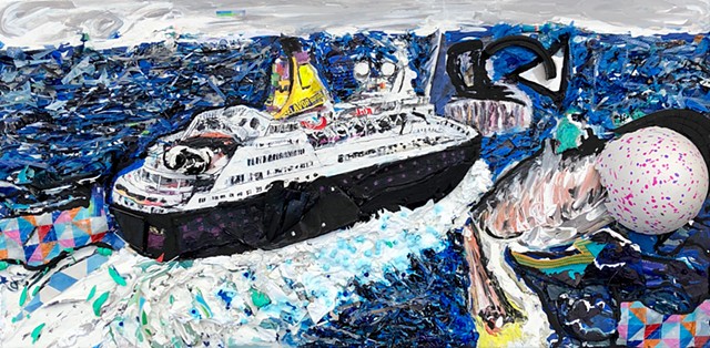 This mixed media piece by Steven Tannenbaum uses found objects, collage, and paint to create a sea scene showing a boat, the sea, and a pelican