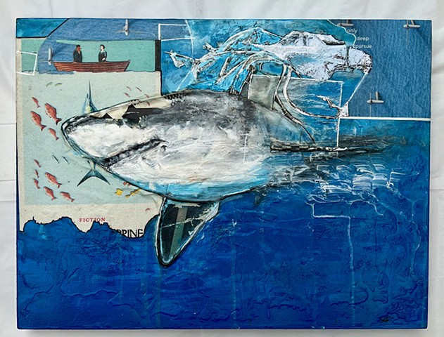 A collage painting of a great white shark in a deep blue sea, with a boat floating and planes searching.
