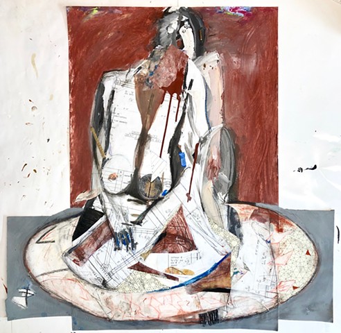 This is a semi abstract figure painting which also uses collage and found objects to create a balance between real and abstraction