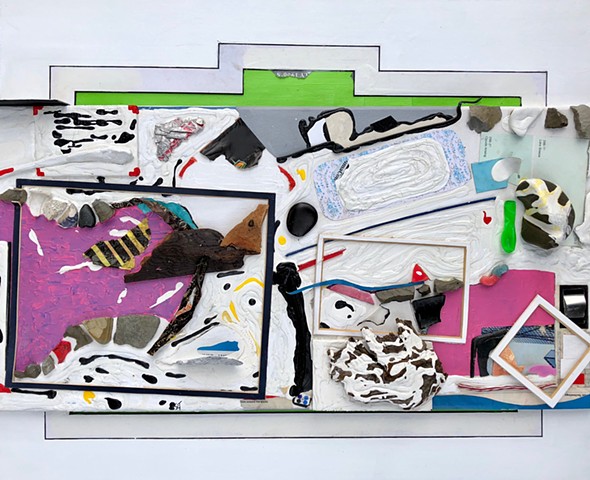 This mixed media piece by Steven Tannenbaum of The Art of Everything uses found objects, paint, collage, and other media to create a sea scene with flying birds, fish, and the ocean.
