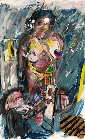 This figure painting by Steven Tannenbaum uses collage and found objects along with paint and charcoal to represent the nude female form