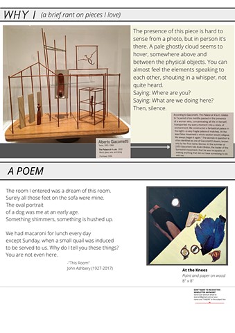 A commentary of Alberto Giacometti's The Palace at 4 a.m., along with a poem by John Ashbery titled "This Room"