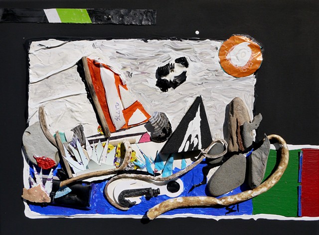 This found object collage by Steven Tannenbaum depicts the ocean with a boat, waves, and the sun