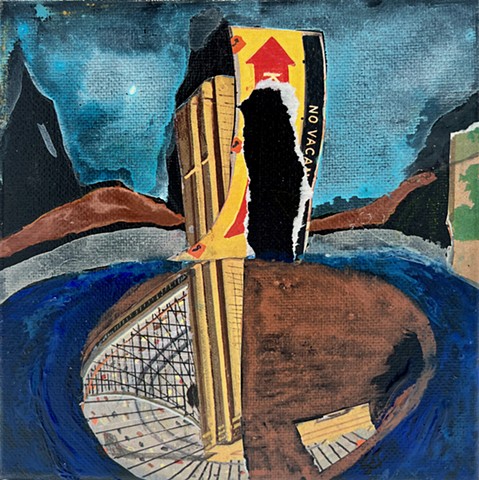 A collage painting of a moat with a yellow building in the middle