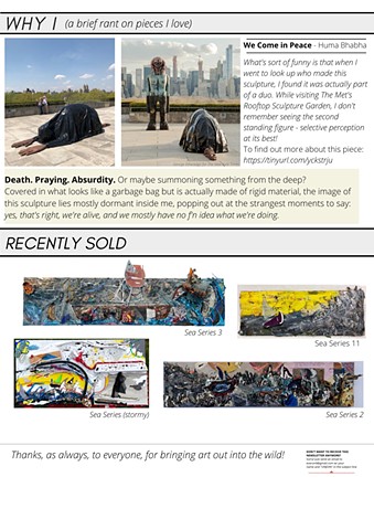 A commentary on Huma Bhabha's sculpture called "We Come in Peace" along with a list of sold pieces from the Sea Series by Steven Tannenbaum