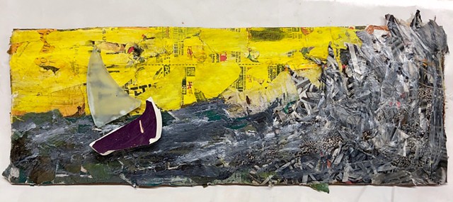 This collage with found objects shows a small boat in the ocean with large waves and a yellow sky