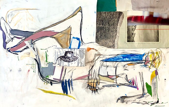 This mixed media Figure painting by Steven Tannenbaum uses collage elements and found objects to show a woman with a small head laying down