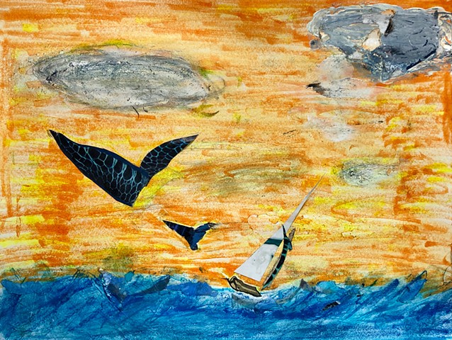This mixed media piece shows an orange sky with grey clouds, and a small boat going across a rough ocean a bird going towards the boat