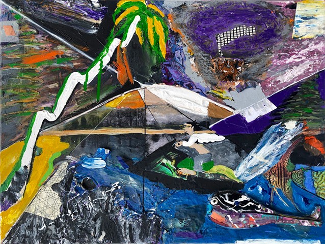 This mixed media piece by Steven Tannenbaum uses found objects, paint, paper, and other materials to create an ocean, fish, and beach scene with a jetski and palm tree