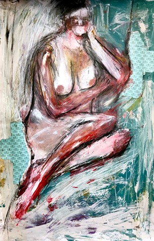 Acrylic mixed media figure painting by Steven Tannenbaum with collage and charcoal