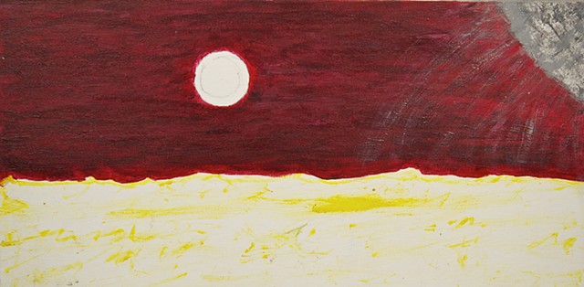 A piece of art by Steven Tannenbaum using acrylic paint, and pencil (drawing of a smoke ring) to depict a sea scene but with wacky, mixed up colors (red sky, yellow sea, grey sun).