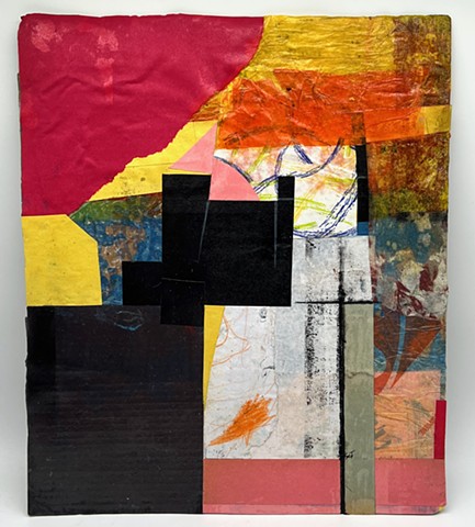 An abstract collage painting using acrylic and found paper scraps, this piece radiates colorful vibrancy and is sure to glow on your wall