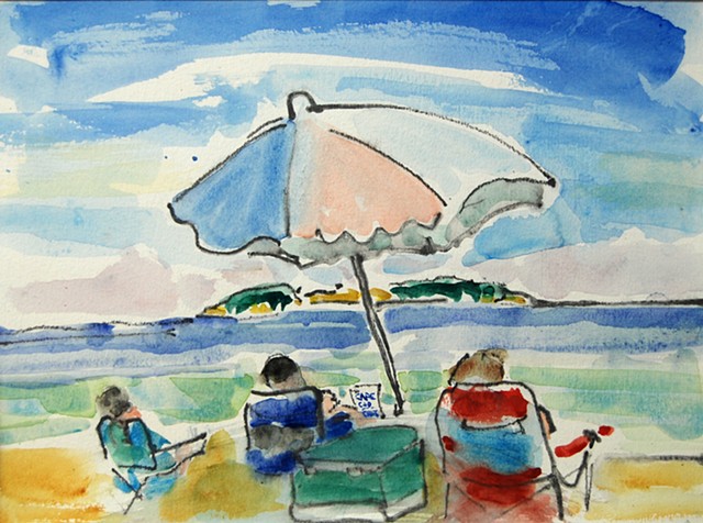 Scarborough beach, Cape Cod Chips, beach umbrella, 
