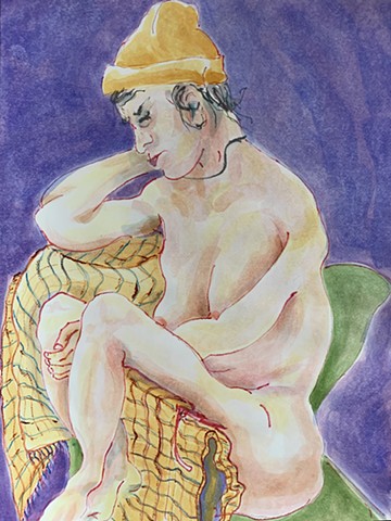 watercolor of nude with yellow hat