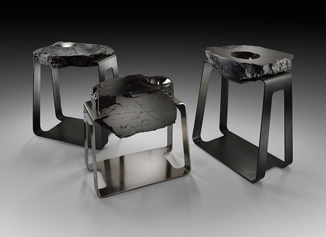Polished Anthracite Coal in Tension Set in Polished or Patinated Stainless Steel Mount with Brass Feet End Table