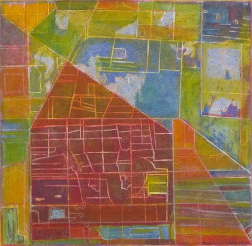 Formalist abstract painting referencing satellite image from Google Earth.