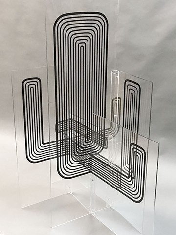 3D Drawing on acrylic. They appear to be kinetic drawings in space elongating and foreshortening as the view moves around them