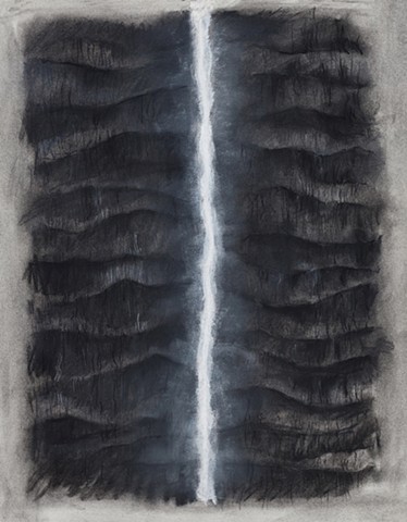 charcoal drawing of 2 palm trunks and light by Donna Backues