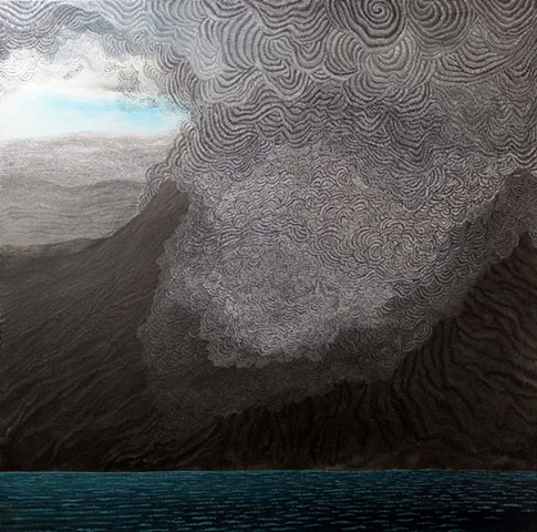 Volcano by the Sea mix media artwork on canvas by Donna Backues