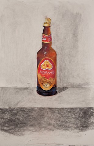 charcoal still life drawing of sweet soy sauce bottle by Donna Backues