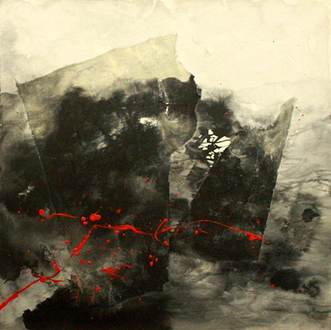 Collaged art papers, ink, gesso, acrylic, charcoal, graphite on birch board.