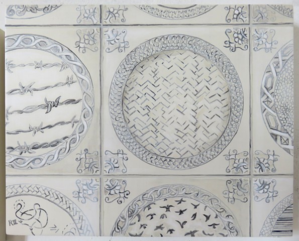 trompe l'oeil paintings of delft style tiles with contemporary scenes. Maine artist, Kathy Weinberg