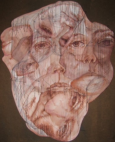 drawing, figurative, ink and thread, paper, collage