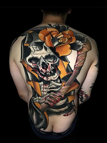  Neotraditional grim reaper skull skeleton back piece tattoo by Matt Truiano 