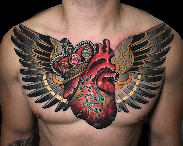 Neotraditional anatomical heart wings crown gems tattoo by Matt Truiano 