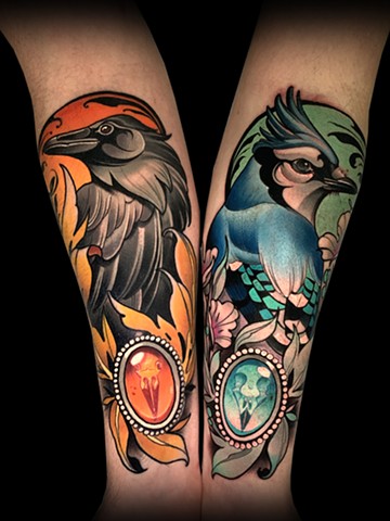 neotraditional tattoo sleeve  by matt truiano skull reaper lady head raven blue jay birds bird