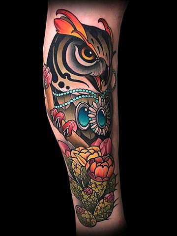 Neotraditional owl native American jewelry cactus flower tattoo by Matt Truiano 