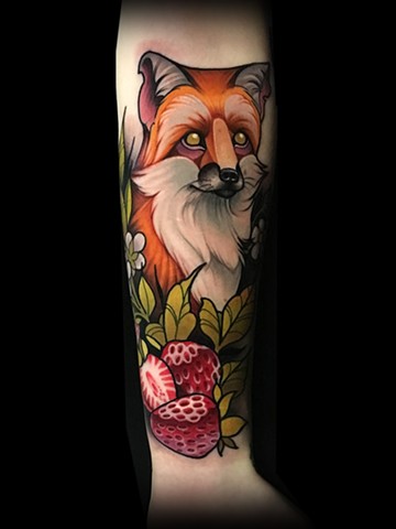 Fox strawberry neotraditional tattoo by Matt Truiano 