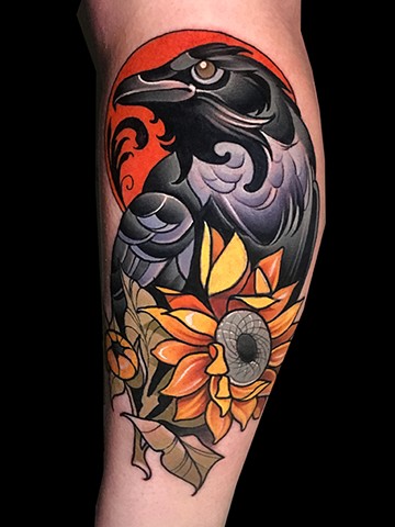 Neotraditional raven sunflower coverup tattoo by Matt Truiano 