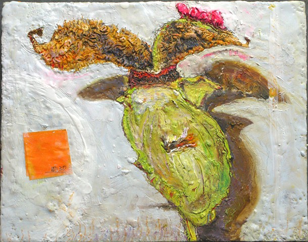 Oil and Encaustic painting of a peony seedpod just opened, in front of the fridge