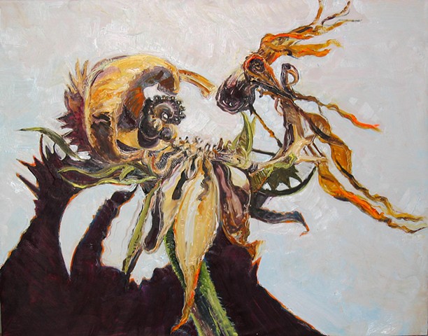 Oil and Encaustic painting of a Calendula seed pod.