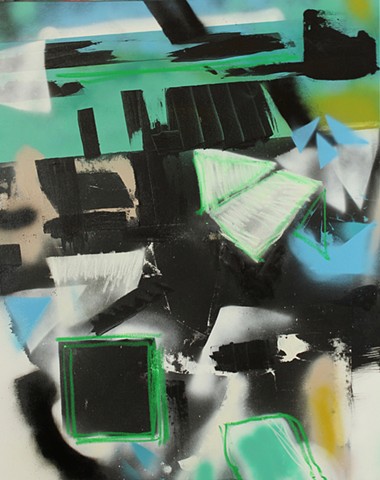 what would it take, green and blue abstract painting, fragmented areas, floating planes by Kyle Miller artist