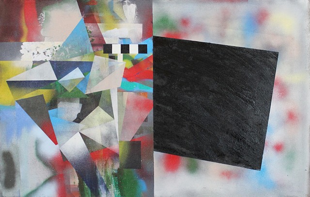 black void, message, spray paint art, split canvas geometric abstract painting by kyle a miller