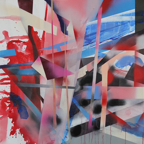 Within All of Us abstract painting  by kyle a miller  is a play of planes in red, pink and blue. layered geometric abstract painting 
