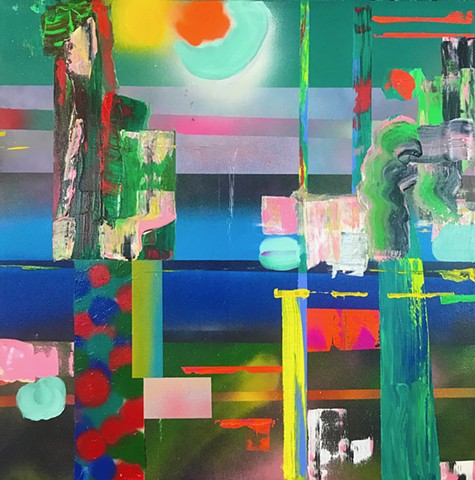 green , blue and pink abstract painting, multiple horizons 